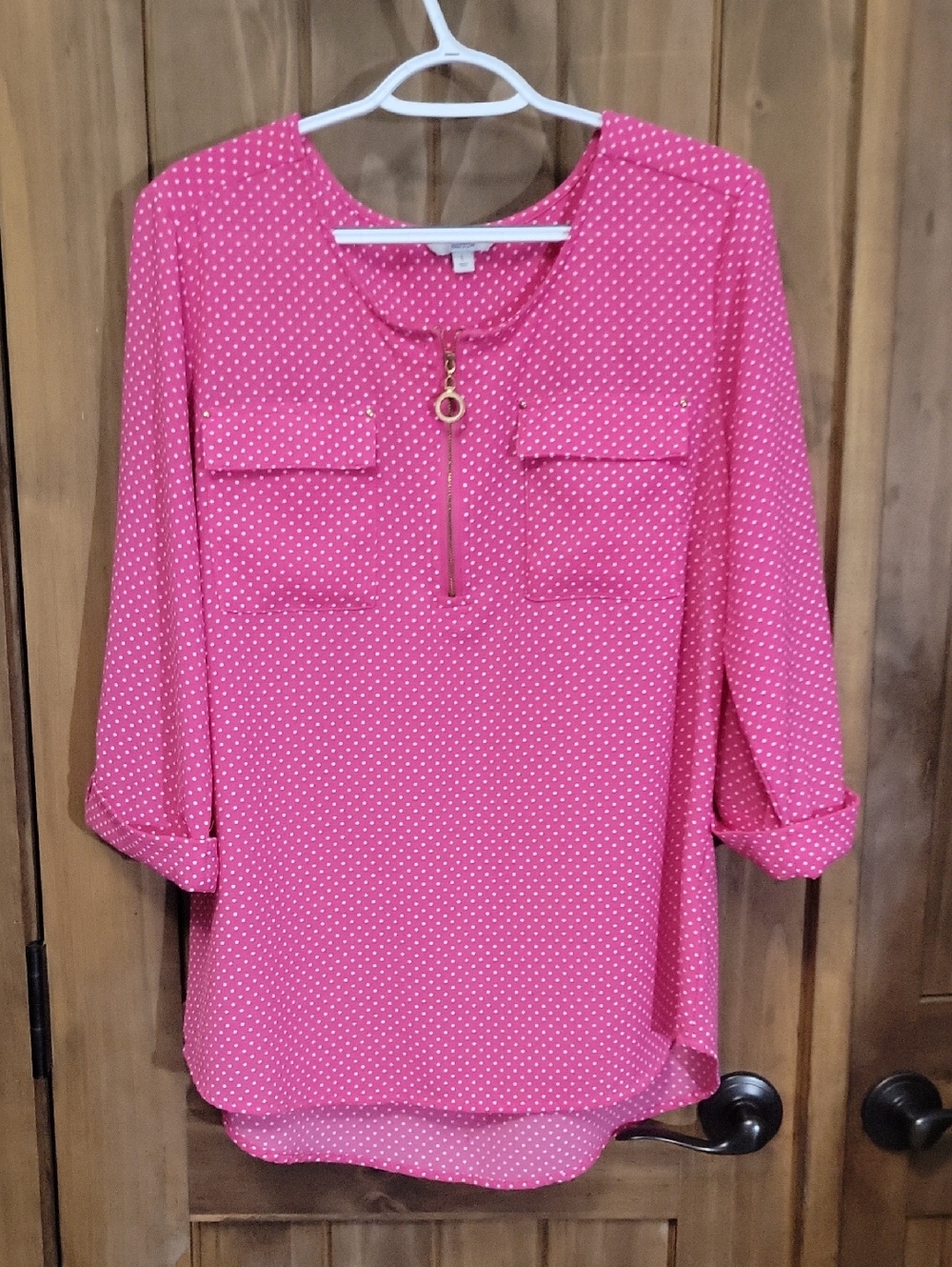 Women's Pink Polka Dot Zip-Front Blouse